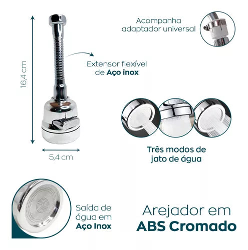 Bico Arejador Extensor Articulado 360° para Torneiras em Aço Inox